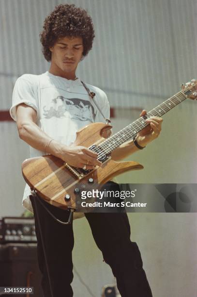 Guitarist Slash plays with his first band 'Tidus Sloan' during lunchtime at Fairfax High School on June 4, 1982 in Los Angeles, California.