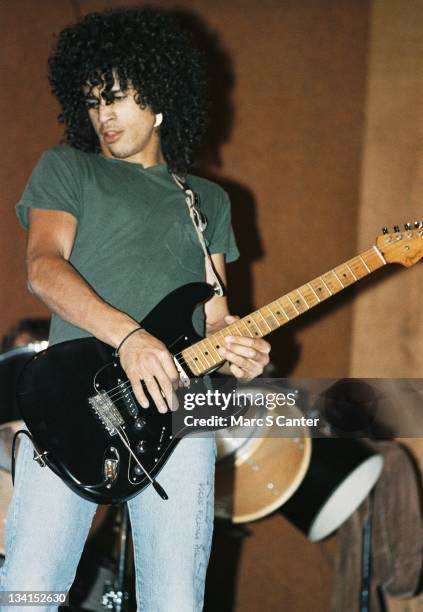 Guitarist Slash plays a Fender Stratocaster electric guitar as he rehearses with his second band 'Roadcrew' at Mars Studio in October 1983 in Los...