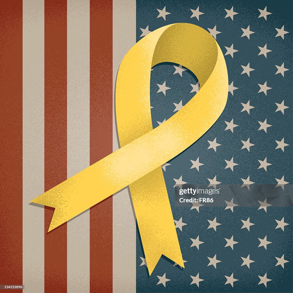 A yellow awareness ribbon on an American flag background