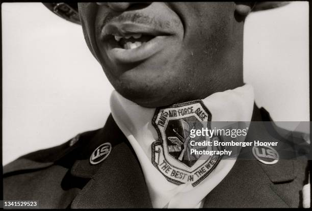 Close-up of the neckerchief on a member of a US Air Force honor guard prior to a memorial service , Livermore, California, 1986.