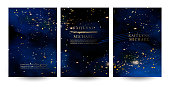 Magic night dark blue sky with sparkling stars vector wedding invitation. Andromeda galaxy.