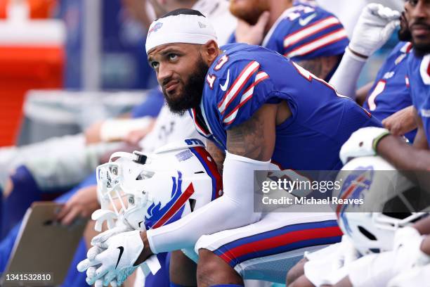 Gabriel Davis of the Buffalo Bills reacts against the Miami Dolphins during the second half at Hard Rock Stadium on September 19, 2021 in Miami...