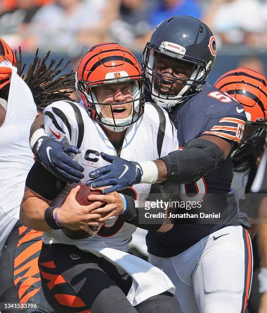 Roquan Smith of the Chicago Bears sacks Joe Burrow of the Cincinnati Bengals at Soldier Field on September 19, 2021 in Chicago, Illinois. The Bears...