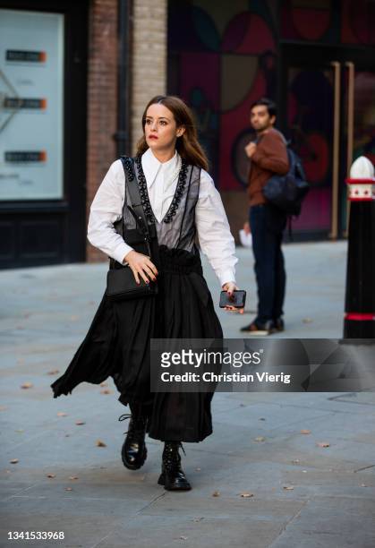 Claire Foy is seen outside Simone Rocha during London Fashion Week September 2021 on September 20, 2021 in London, England.