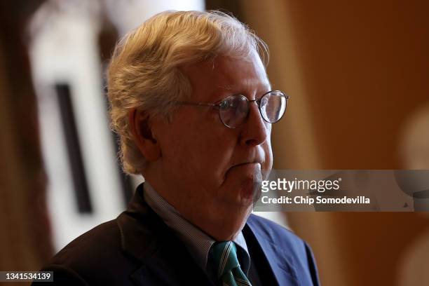 Senate Minority Leader Mitch McConnell heads to the Senate Floor in the U.S. Capitol on September 20, 2021 in Washington, DC. The Senate...