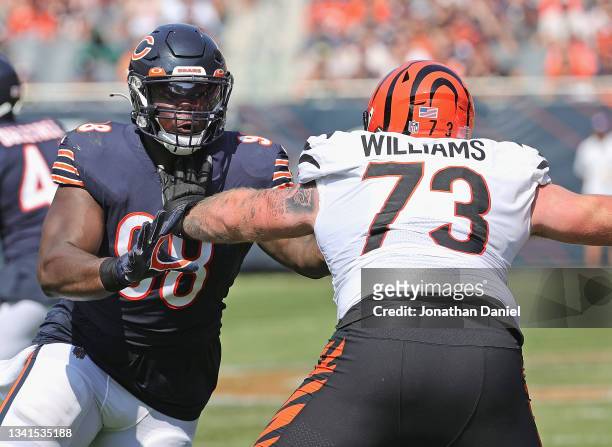 Bilal Nichols of the Chicago Bears rushes against Jonah Williams of the Cincinnati Bengals at Soldier Field on September 19, 2021 in Chicago,...