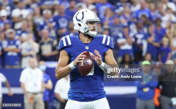 Jacob Eason of the Indianapolis Colts against the Los Angeles Rams at Lucas Oil Stadium on September 19, 2021 in Indianapolis, Indiana.