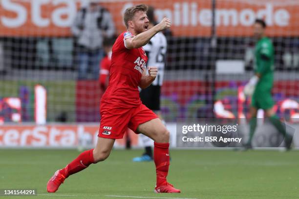 Fredrik Midtsjo of AZ celebrating during the Dutch Eredivisie match between Heracles Almelo and AZ at Erve Asito on September 19, 2021 in Almelo,...