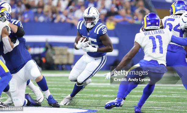 Marlon Mack of the Indianapolis Colts against the Los Angeles Rams at Lucas Oil Stadium on September 19, 2021 in Indianapolis, Indiana.