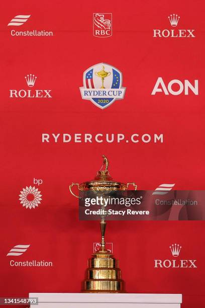 Detailed view of the Ryder Cup trophy during the captains press conference prior to the start of the Ryder Cup at Whistling Straits on September 20,...