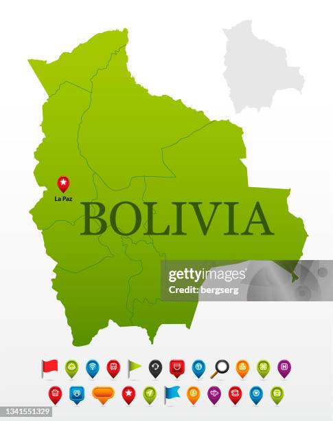 ilustraciones, imágenes clip art, dibujos animados e iconos de stock de mapa verde de bolivia con regiones editables e iconos de navegación - santa cruz de la sierra bolivia