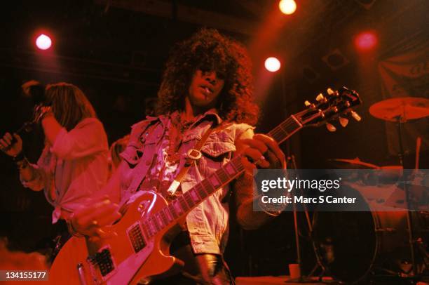 Axl Rose and Slash of the rock band 'Guns n' Roses' perform their first sold out show at The Troubadour on November 22, 1985 in Los Angeles,...