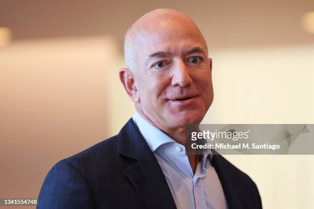 Amazon founder Jeff Bezos arrives for his meeting with British Prime Minister Boris Johnson at the UK diplomatic residence on September 20, 2021 in...