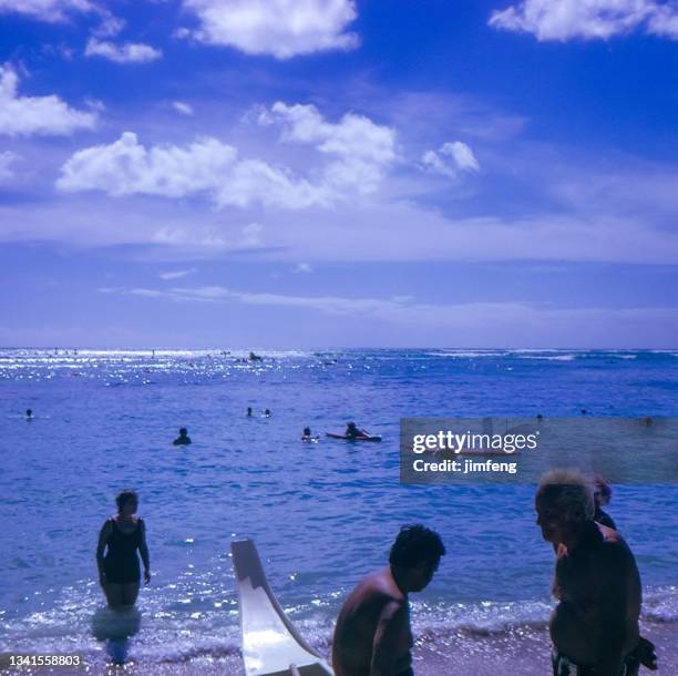 antique photo and old retro vintage style positive film scan,  honolulu waikiki beach, hawaii, usa - pacific rim film stock pictures, royalty-free photos & images