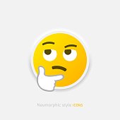Neumorphic emoji vector icon. Thinks about what emoticon in neumorphism style isolated on gray background Vector EPS 10