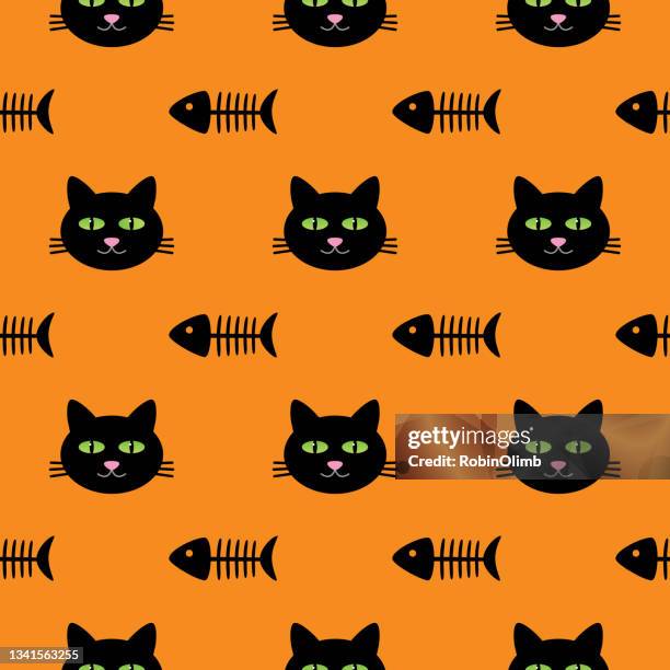 stockillustraties, clipart, cartoons en iconen met cat faces and fish skeletons seamless pattern - dierlijk bot