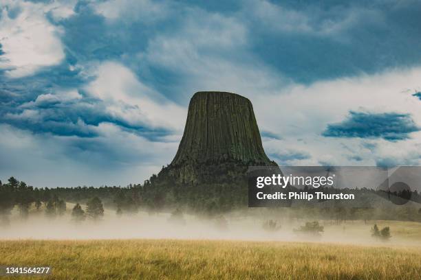 devils tower shot through a foggy, mist filled field after a thunderstorm - devils tower stock pictures, royalty-free photos & images