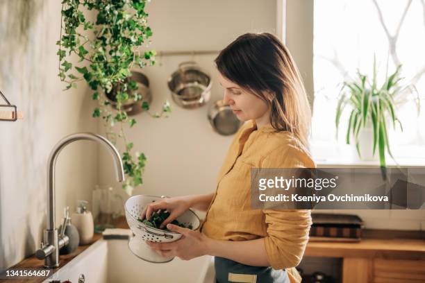 female hands washing spinach vegetables at the kitchen sink. - handwashing stock-fotos und bilder