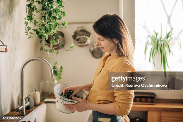 female hands washing spinach vegetables at the kitchen sink. - women with health faucet stock pictures, royalty-free photos & images