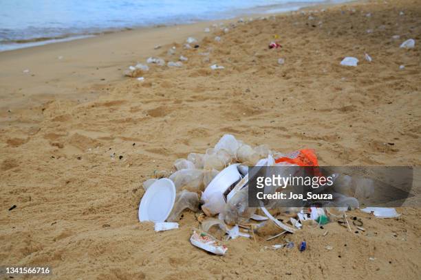 garbage accumulated on the beach sand - disposable imagens e fotografias de stock