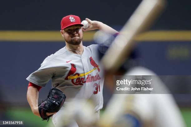 Jon Lester of the St. Louis Cardinals throws a pitch in the first inning against the Milwaukee Brewers at American Family Field on September 20, 2021...