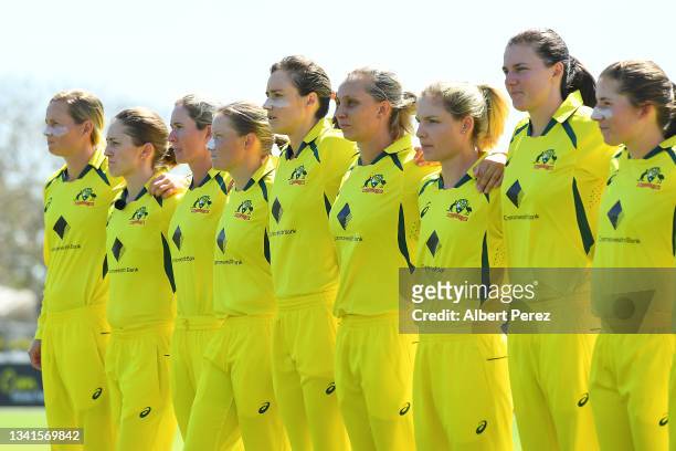 Australian players line up for the national anthem during game one of the Women's One Day International series between Australia and India at Great...