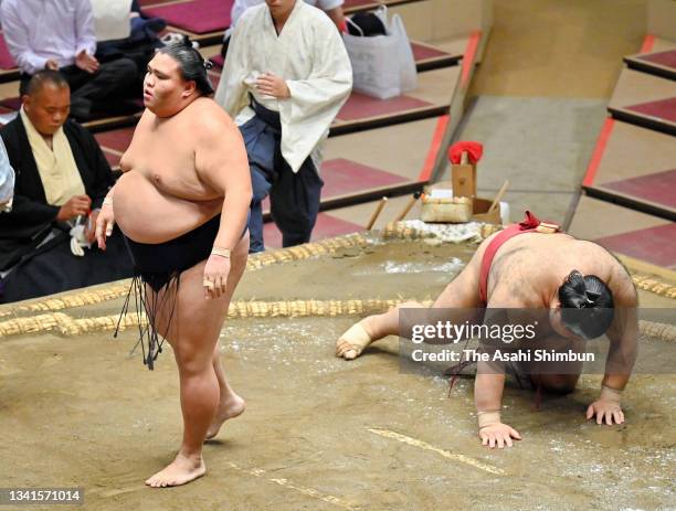 Sekiwake Mitakeumi reacts after his victory over komusubi Takayasu during day four of the Grand Sumo Autumn Tournament at Ryogoku Kokugikan on...