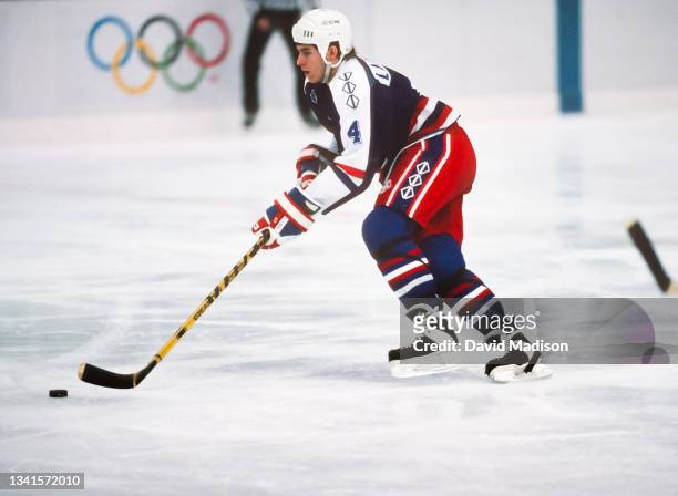 Scott LaChance of the USA plays in a game against Poland in the first round of the Ice Hockey tournament of the 1992 Winter Olympic Games on February...