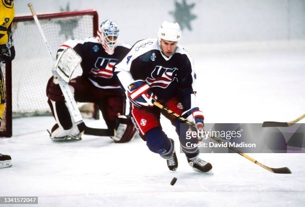 Scott LaChance of the USA plays in a game against Sweden during the first round of the Ice Hockey tournament of the 1992 Winter Olympic Games on...