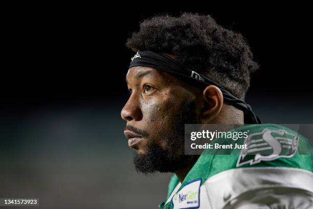 Loucheiz Purifoy of the Saskatchewan Roughriders on the sideline during the game between the Toronto Argonauts and Saskatchewan Roughriders at Mosaic...