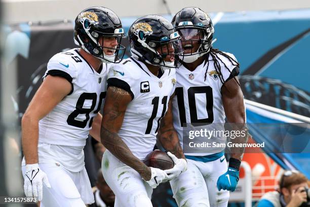 Marvin Jones of the Jacksonville Jaguars celebrates a touchdown during the game against the Denver Broncos at TIAA Bank Field on September 19, 2021...