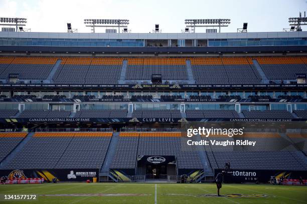 General view of Tim Hortons Field prior to a CFL game between the Calgary Stampeders and the Hamilton Tiger-Cats on September 17, 2021 in Hamilton,...