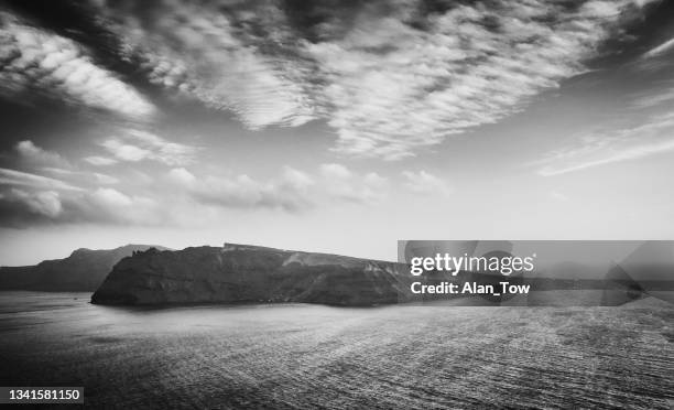 caldera santorini black and white landscape, greece - santorini volcano stock pictures, royalty-free photos & images