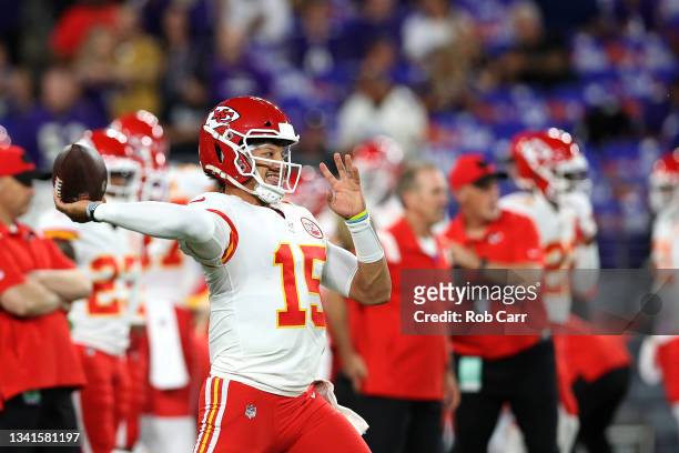 Quarterback Patrick Mahomes of the Kansas City Chiefs warms up against the Baltimore Ravens at M&T Bank Stadium on September 19, 2021 in Baltimore,...