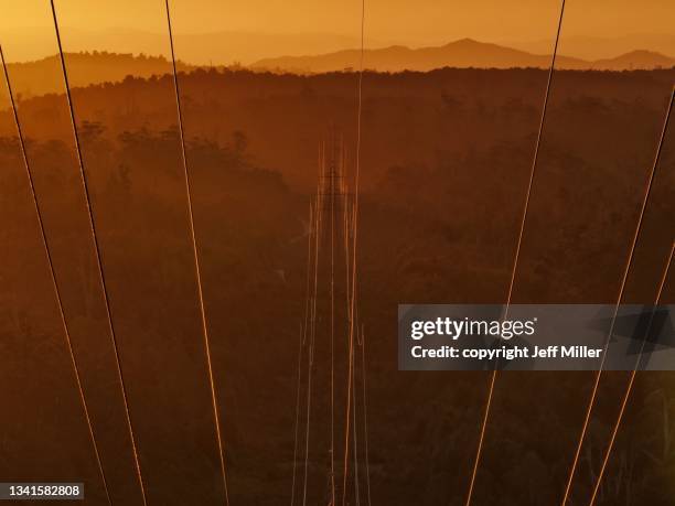 view along a power line during a fiery red sun set showing lines heading off in to the distance. - emergencies and disasters australia stock pictures, royalty-free photos & images