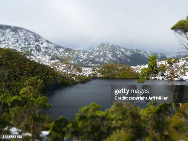 a rainbow over lake lilla, cradle mountain - lake st clair national park, tasmania, australia - vildmarksområde bildbanksfoton och bilder