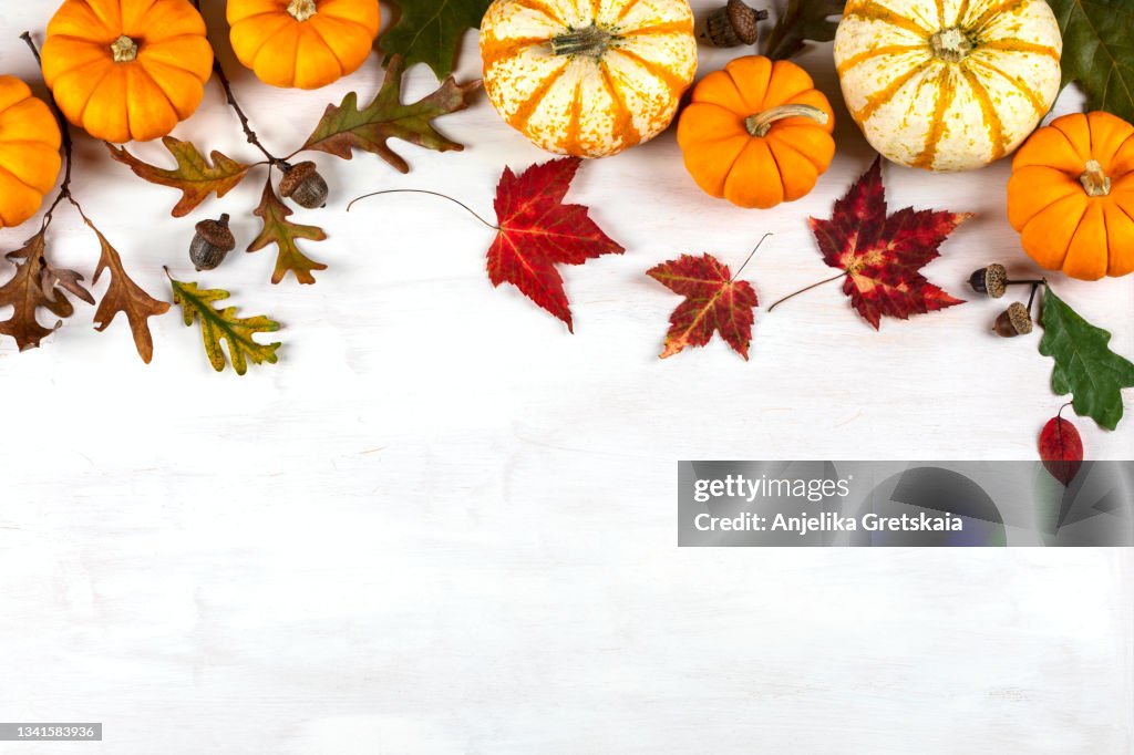 Festive Autumn Decor with Pumpkins and Leaves  on White Wooden Background.