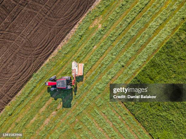 vista aérea del tractor segando alfalfa. agricultura de primavera. - agricultura inteligente fotografías e imágenes de stock