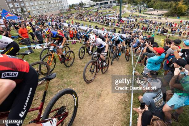 View of cyclists during the cross country short track race at the UCI Mountain Bike World Cup on September 17, 2021 in Snowshoe, West Virginia.