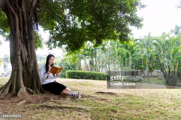 jovem mulher lendo livro debaixo de uma árvore - under the skirt - fotografias e filmes do acervo