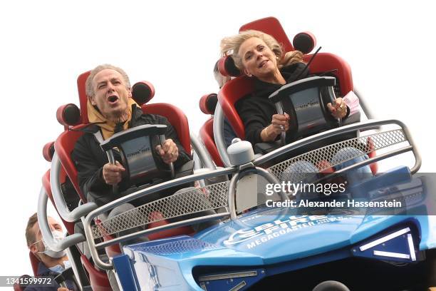 Jürgen Klinsmann enjoys with Birgit Köpke the rollercoster at Europa Park Rust prior to the "Wembley 96 25 Jahre EM-Titel" gala night at Europa Park...