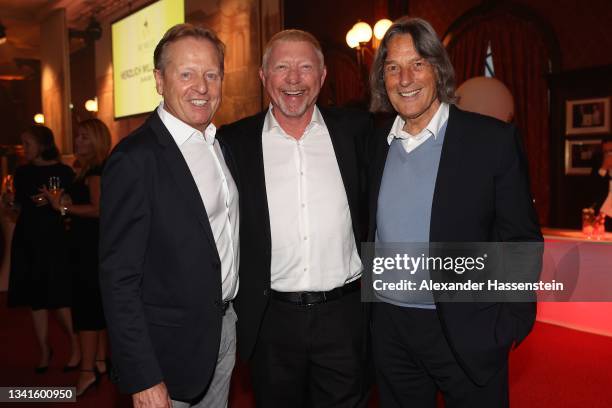 Klaus Eder, Boris Bwecker and Hans-Wilhelm Müller-Wohlfahrt attends the "Wembley 96 25 Jahre EM-Titel" gala night at Europa Park on September 20,...