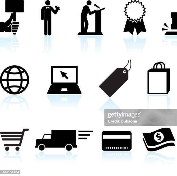 online auction and e-commerce black & white vector icon set - party host stock illustrations