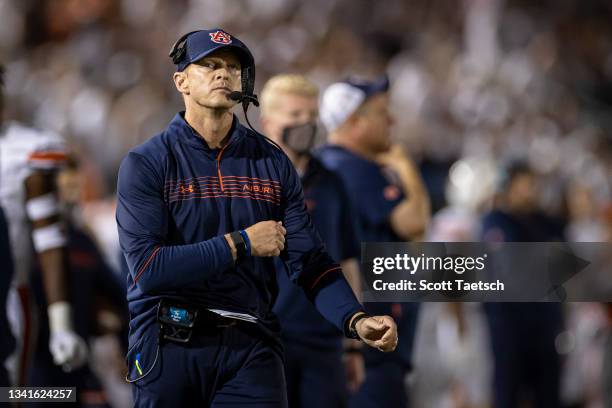 Head coach Bryan Harsin of the Auburn Tigers looks on during the second half of the game against the Penn State Nittany Lions at Beaver Stadium on...