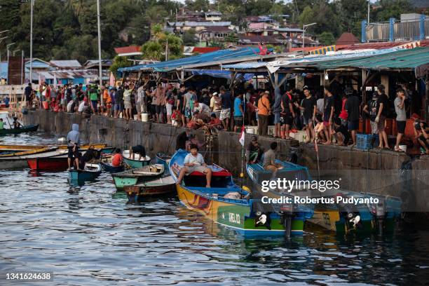 General view at the Hamadi traditional fish market on September 21, 2021 in Jayapura, Irian Jaya, Indonesia. Papua, formerly known as Irian Jaya, is...