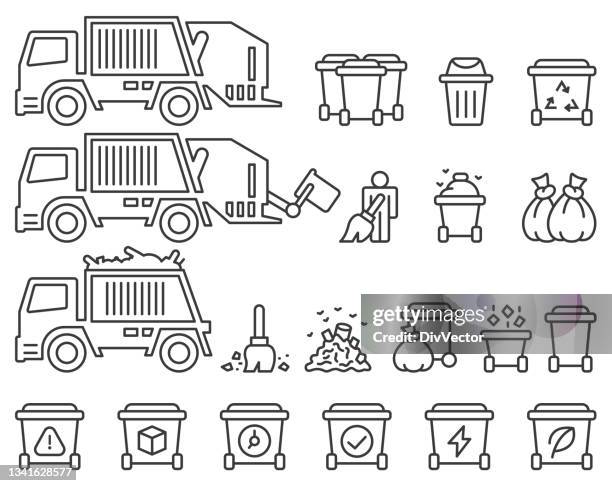 müllwagen- und sanitärvektor-set - garbage truck stock-grafiken, -clipart, -cartoons und -symbole