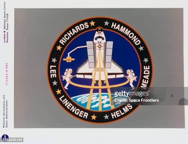 The STS-64 patch depicts the Space Shuttle Discovery in a payload-bay-to-Earth attitude with its primary payload, Lidar In-Space Technology...