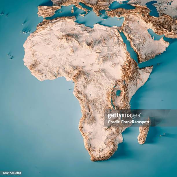 afrika kontinent 3d topographische karte neutral rendern - kontinente stock-fotos und bilder
