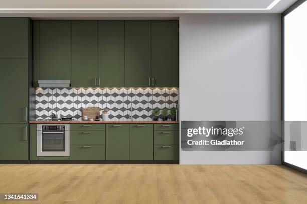 modern kitchen and dining room 70's retro style - khaki green stock pictures, royalty-free photos & images