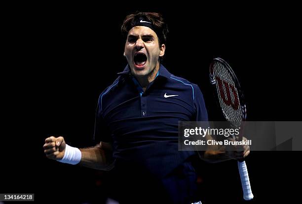 Roger Federer of Switzerland celebrates his victory during the men's final singles match against Jo-Wilfried Tsonga of France during the Barclays ATP...